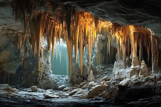 A breathtaking cave illuminated by natural light, showcasing stunning stalactite and stalagmite formations.