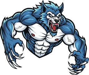 Aggressive, muscular blue werewolf, fierce expression, cartoon style illustration.