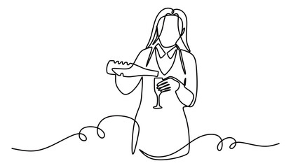 continuous line art of a woman working as a waitress in a bar pouring a bottle of wine into a glass