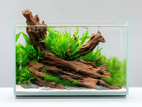 planted freshwater aquarium with driftwood and java ferns, displayed on white background, natural aquascape design in rimless tank, suitable for aquarists and hobbyists