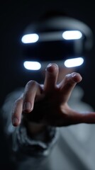 Hands wearing a VR headset, interacting with virtual objects in a game, immersive experience. VR gaming, futuristic. Dark, glowing.