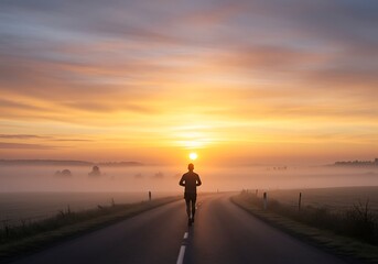 Lone Runner Silhouetted Against Golden Sunrise on Country Road