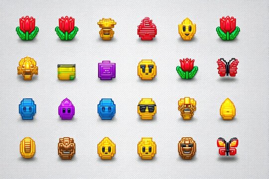 Pixel art icons, various colorful shapes and objects - Powered by Adobe