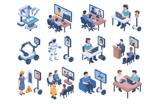 Virtual hosting hazardous zones customer icon vector meeting remote telepresence set desk