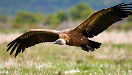 Vulture in flight over field (1)