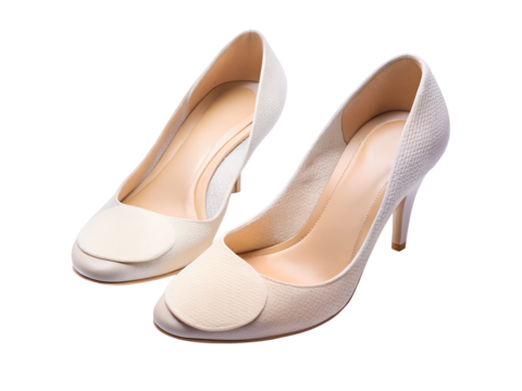 Pair of elegant glittery beige high heel shoes, isolated on transparent background