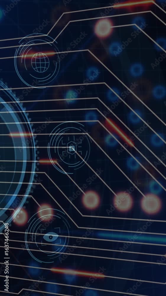 Poster animation of network of connections with icons over data processing