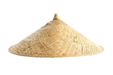 A light beige, woven straw conical hat