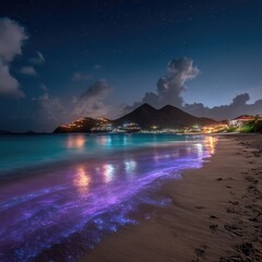 Night beach scene, vibrant purple bioluminescent water, tropical island