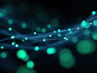 Abstract background of a network of glowing sensors and data points, representing an IoT ecosystem. Connectivity, data flow. Blue and green.