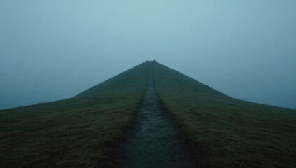 Misty, angled hilltop path leads to a blurred apex