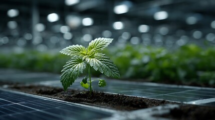 Sustainable rooftop greenhouse with integrated solar panels, featuring single plant illuminated by spotlight, and open right corner ready for eco brand promotion and clean energy awareness.