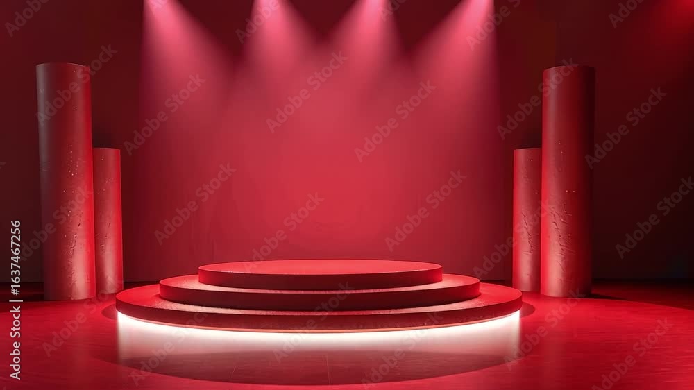 Poster dramatic red stage with circular platforms and illuminated columns creates inviting atmosphere for c