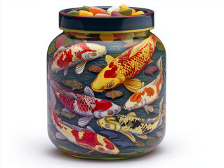 round canister of koi pond food with vivid koi illustration, standing on white background, floating pellets for outdoor fish, boosts growth and color

