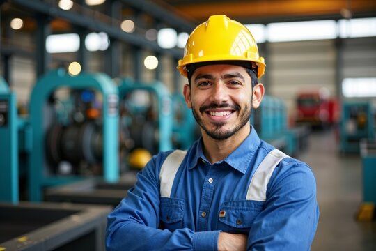 Portrait of a proud young Hispanic factory technician in safety gear, confidently posing with industrial machinery. - Powered by Adobe