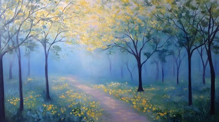 Fototapeta premium A serene path through a misty forest.