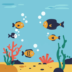 Vector Illustration of Cute Cartoon Fish and Sea Life