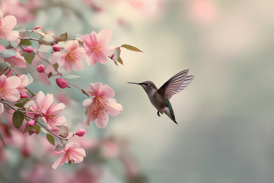 ruby-throated hummingbird gracefully flying around pale pink blossoms, early morning light with blurred motion and flower detail, serene garden moment on white background