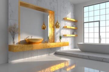 Luxurious white marble bathroom with golden fixtures and bright, natural lighting