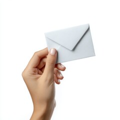 A hand holding a small, generic white envelope, isolated on a white background. Mail, communication.