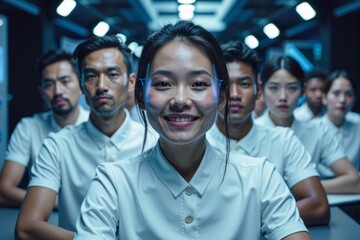 Futuristic holographic avatar photo shoot showcasing diversity in a virtual conference setting