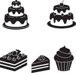 Five black silhouette icons of cakes and a cupcake on a white background including tiered cakes and cake slices Keywords: cake cupcake dessert sweet food baking confectionery pastry treat baked