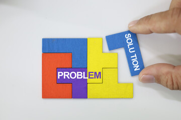 Solution for problem for business metaphor. Problem and solution words on the missing puzzle...