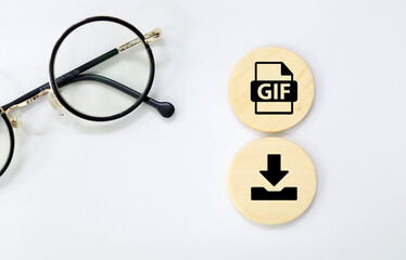 wooden square with GIFF format file icon and download. the concept of saving a pdf file. concept pdf file save format