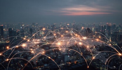 Global network overlaying a city at night