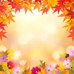 紅葉の枠とカラフルな秋のコスモス花のボーダー、暖かい光の背景