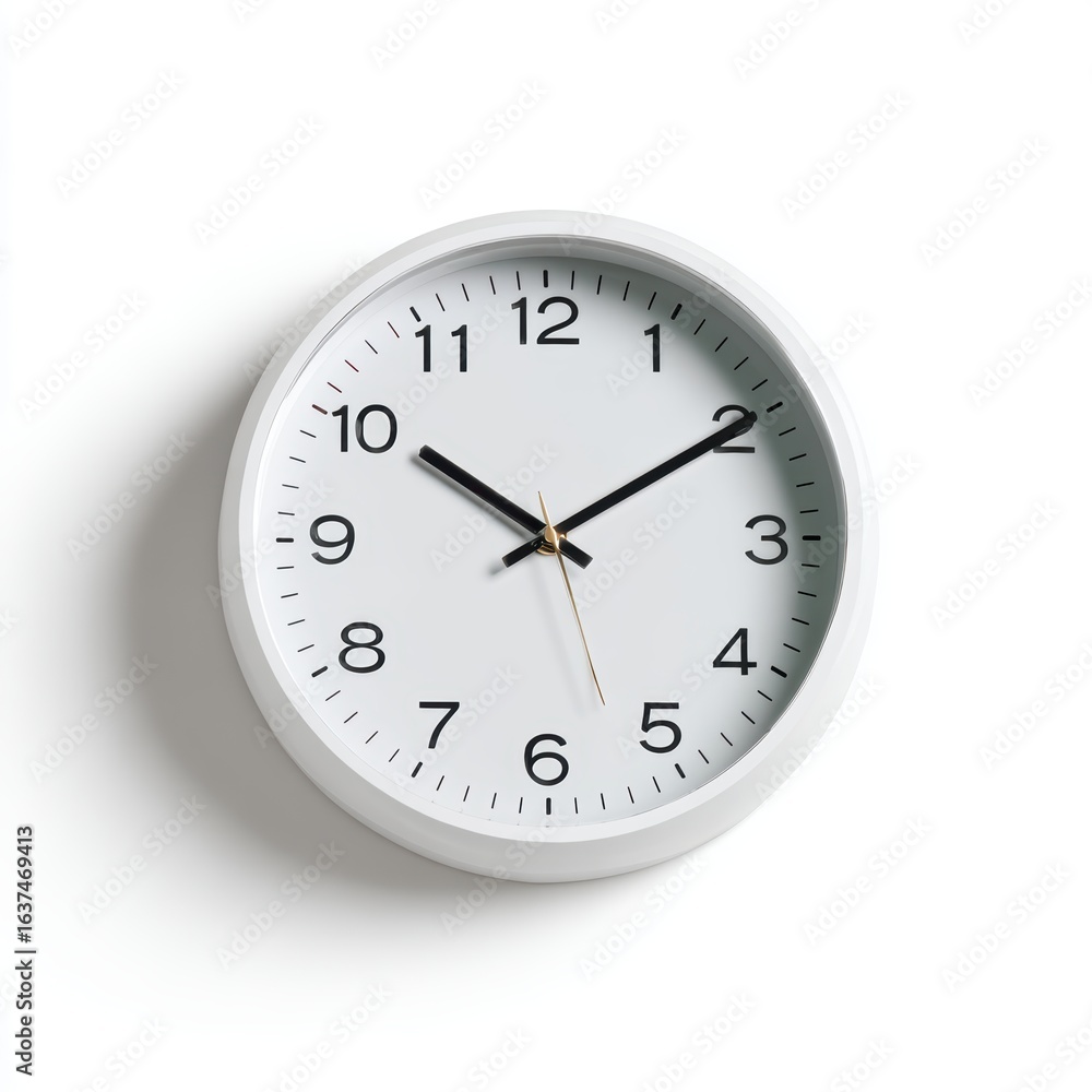 Poster a stylized white clock face with numbers, hands pointing to 8:00, isolated on a pure white backgroun