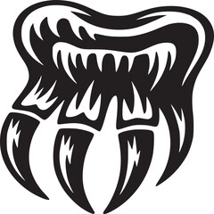 A stylized black and white illustration of a tooth with sharp fangs and claw like roots design