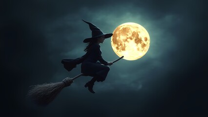 Witch flying on broomstick under full moon enchanted night sky fantasy art atmospheric setting magical viewpoint
