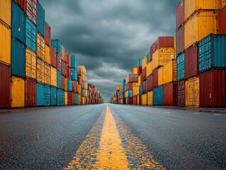 Fototapeta premium Shipping Containers Stacked at Port Terminal Under Moody Sky, Logistics and Global Trade Concept