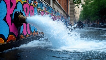 Naklejka premium Water flowing from a fire hydrant amidst colorful street art urban setting photograph cityscape ground level street art impact