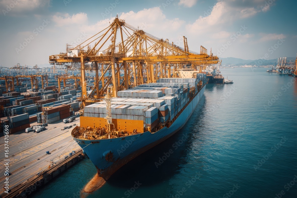 Poster aerial view of container ship being loaded at a port terminal on a sunny day