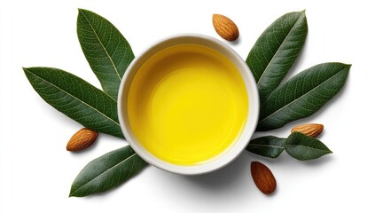 Almond oil in a bowl, surrounded by leaves and nuts