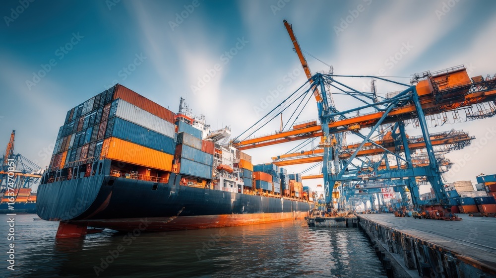 Poster container ship at port terminal loading and unloading cargo for global trade and logistics