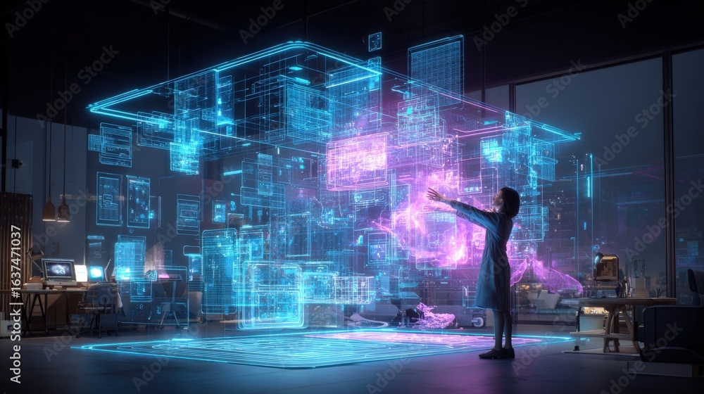 Poster futuristic architect designing building with holographic interface in modern office environment for 