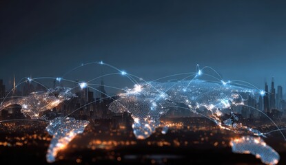 Global network map overlaid on a night cityscape.  World map outlined by glowing lines and dots, suggesting global connectivity and communication.  City lights illuminate the urban landscape below