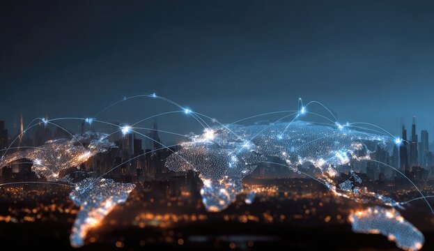 Global network map overlaid on a night cityscape.  World map outlined by glowing lines and dots, suggesting global connectivity and communication.  City lights illuminate the urban landscape below