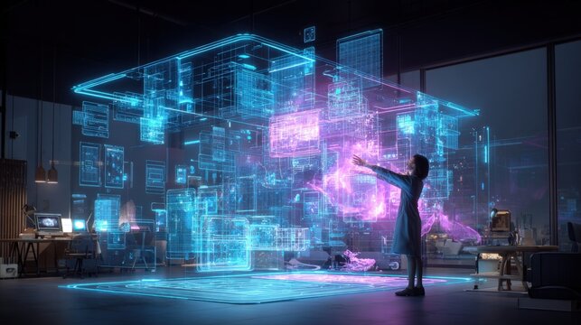 Futuristic Architect Designing Building with Holographic Interface in Modern Office Environment for Innovative Solutions - Powered by Adobe