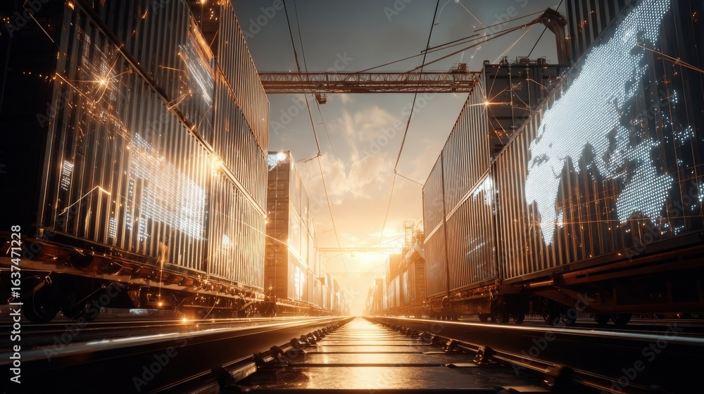 Poster global logistics: train transport of shipping containers with world map graphics in a modern termina