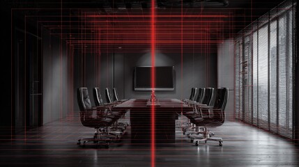 Modern Boardroom with Grid Overlay: Business Technology and Surveillance Concept, Featuring Empty Chairs and a Table