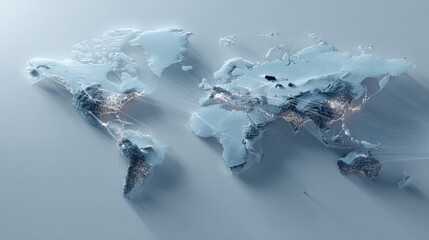 Detailed World Map Illustration with Cities Glowing on a Light Blue Background