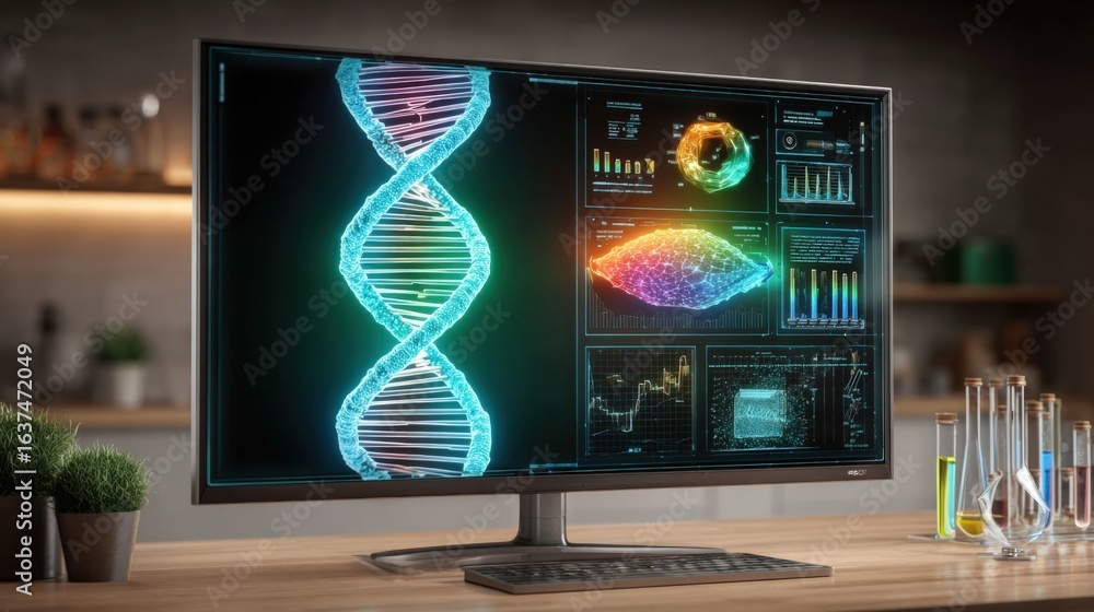 Poster dna visualization on a computer screen with scientific graphs and test tubes in a laboratory setting