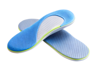 Blue and green orthopedic insoles for shoes, isolated on transparent background