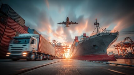 Global Logistics Network: Truck, Airplane, and Ship Transportation at Sunset for Worldwide Shipping