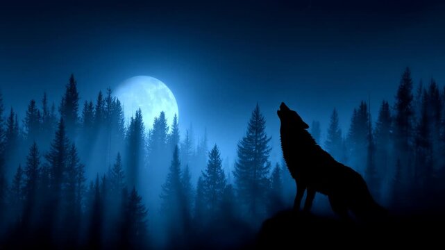 Silhouette Wolf Howling at Full Moon in Forest at Night with Misty Atmosphere.