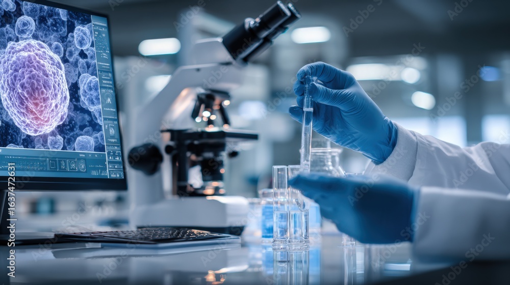 Poster scientist conducting research in a modern laboratory, analyzing sample with microscope and scientifi